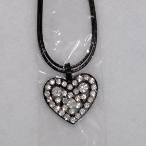 Rhinestone heart necklace on a black leather cord